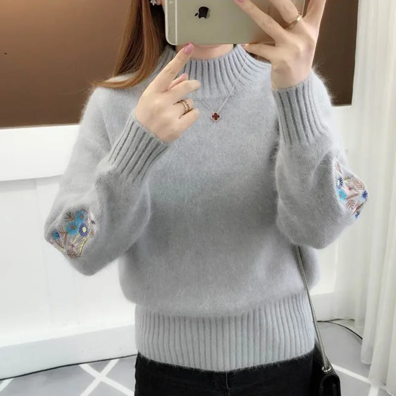 Autumn Winter Women\'s Pullover Round Neck Solid Flower Embroidery Flocking Lantern Long Sleeve Sweater Knitted Casual Tops