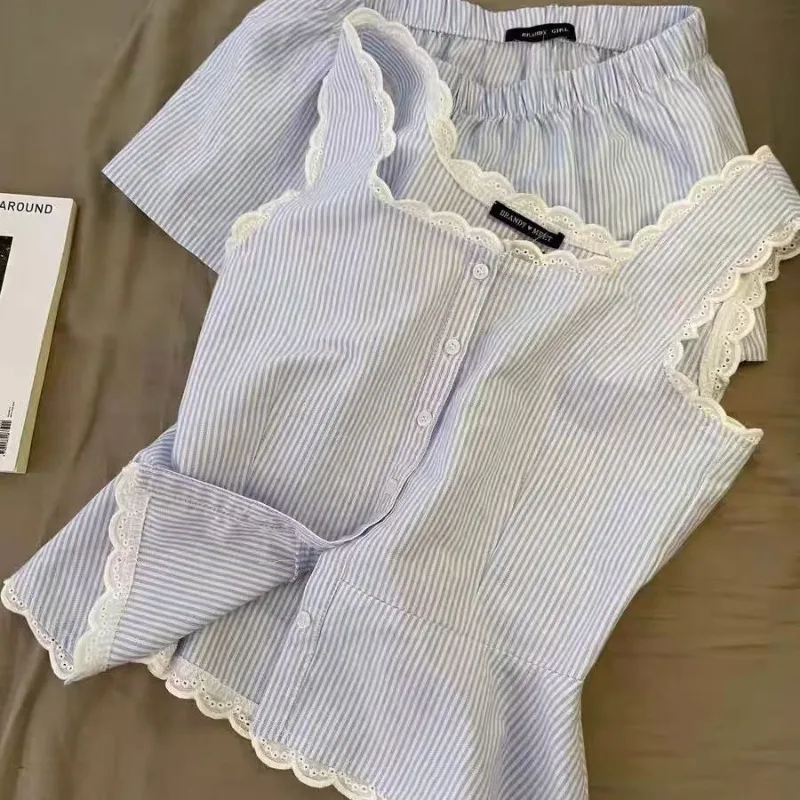 

Ins Korean Version Striped Lace Cloud Cotton Halter Cardigan Summer Pajamas Simple and Comfortable Student Home Wear for Women