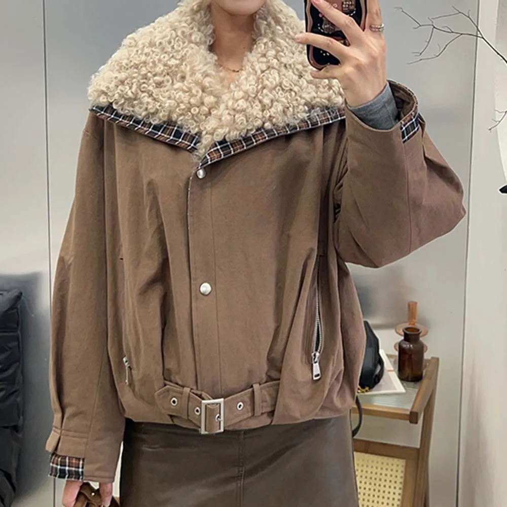 الرجعية الأزياء الفراء طوق معطف المرأة شتاء جديد فضفاض عارضة الدافئة صوف الضأن سترة أوزة أسفل بطانة داخلية يتغلب