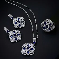 2024 New Trendy Lab Sapphire Jewelry Sets 14K White Gold Plated Ring Earring Necklace Female Vintage Wedding Banquet Accessories