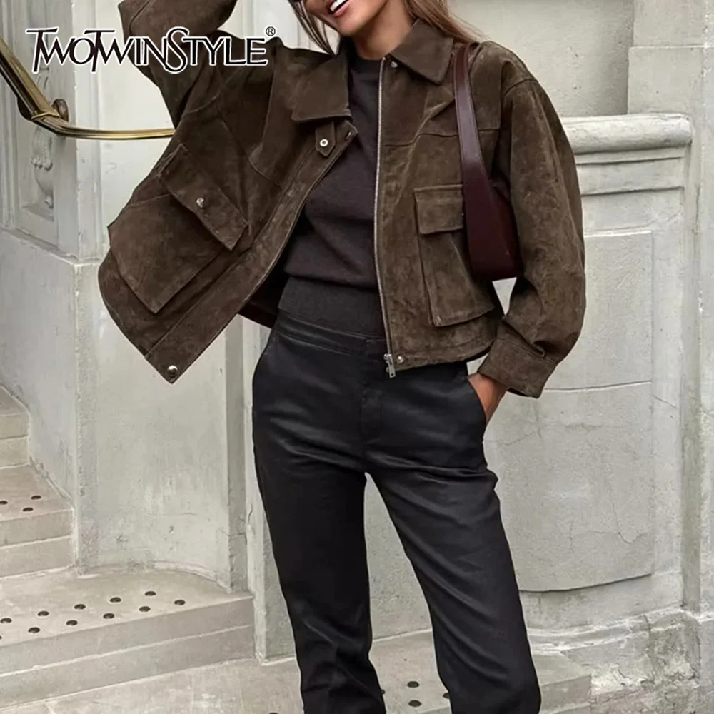 

TWOTWINSTYLE американская уличная лоскутная куртка на молнии для женщин с лацканами и длинными рукавами, винтажные пальто с карманами, женская осенняя новинка