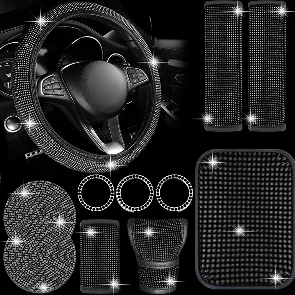 

11-Piece Car Accessories Set White/Black/Red/Blue/Pink/Multi-Color Rhinestones Steering Wheel Cover 15", Gear Shifter Cover