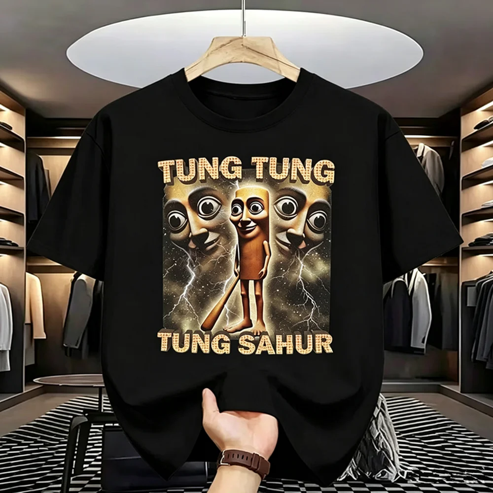 100 % Polyester Tung Sahur Grafik-bedrucktes T-Shirt für Herren, Sommer, lässig, locker, modisch, lustig, Rundhalsausschnitt, kurze Ärmel
