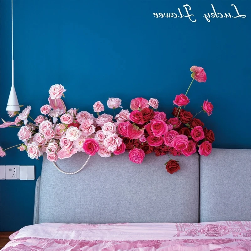 

Искусственный ряд цветов, украшение для свадебной комнаты, спальня, декор изголовья кровати, длинный ряд цветов, домашняя цветочная композиция, прикроватный декор