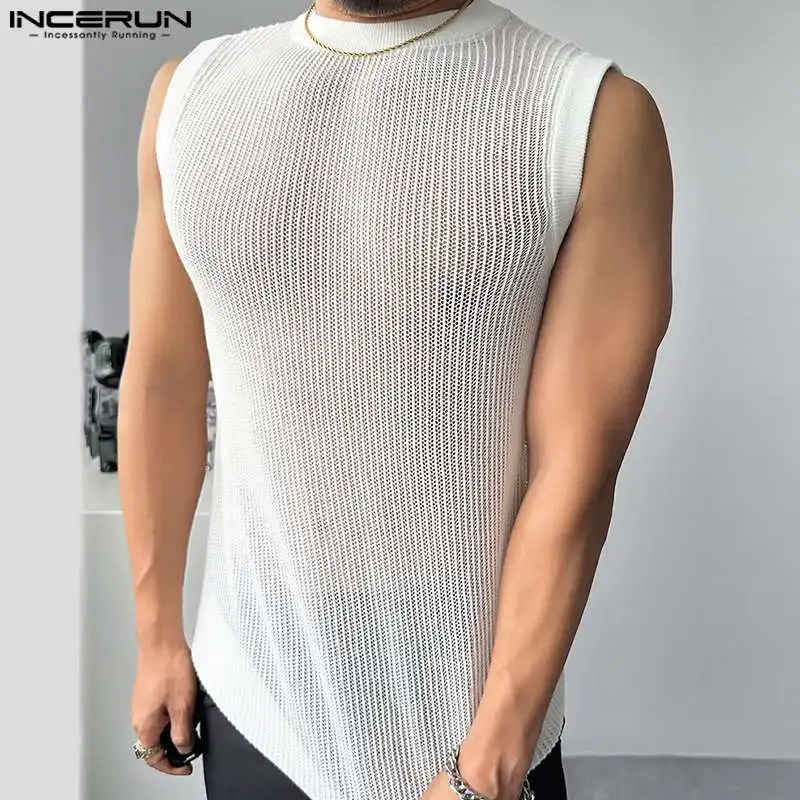 2024 Men Tank Tops Mesh Transparent Solid Color O-neck Sleeveless Summer Male Vests Sexy Streetwear Fashion Men Clothing INCERUN