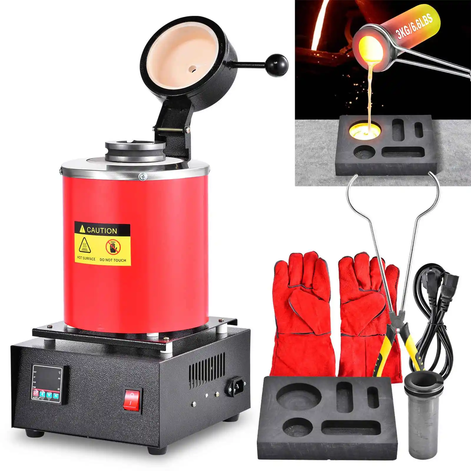 

3KG Gold Melting Furnace Kit 1150℃ /2102 ℉ Digital Smelting Furnace Machine for Precious Metals Gold Silver Jewelry,1500W (Red)