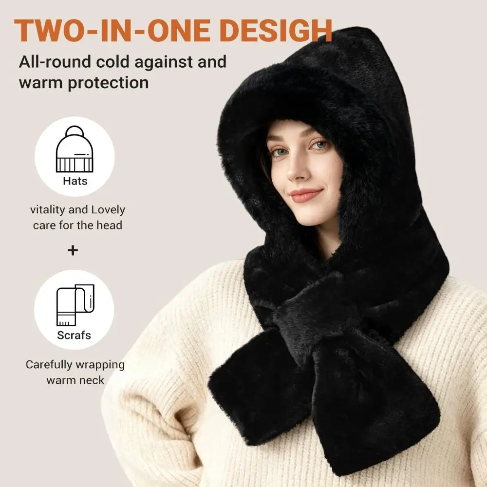 Cute 2-in-1 Hooded Scarf Soft Fuzzy Winter Hooded Scarf Warm Thick Hat Scarf Gloves Set Winter