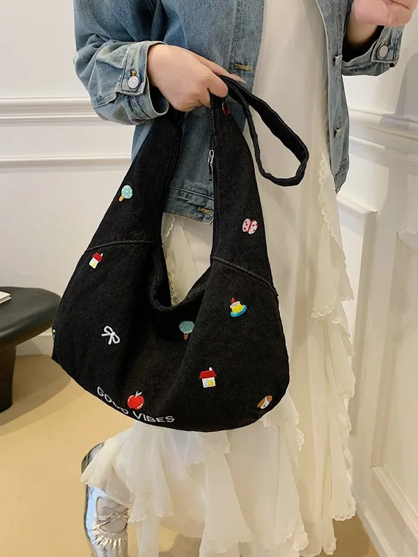 

Large Capaci Denim Tote Bag Women's Commuter op Bag oulder Crossbody Bag Can Place Books Lazy Sle Faion Canvas Bag