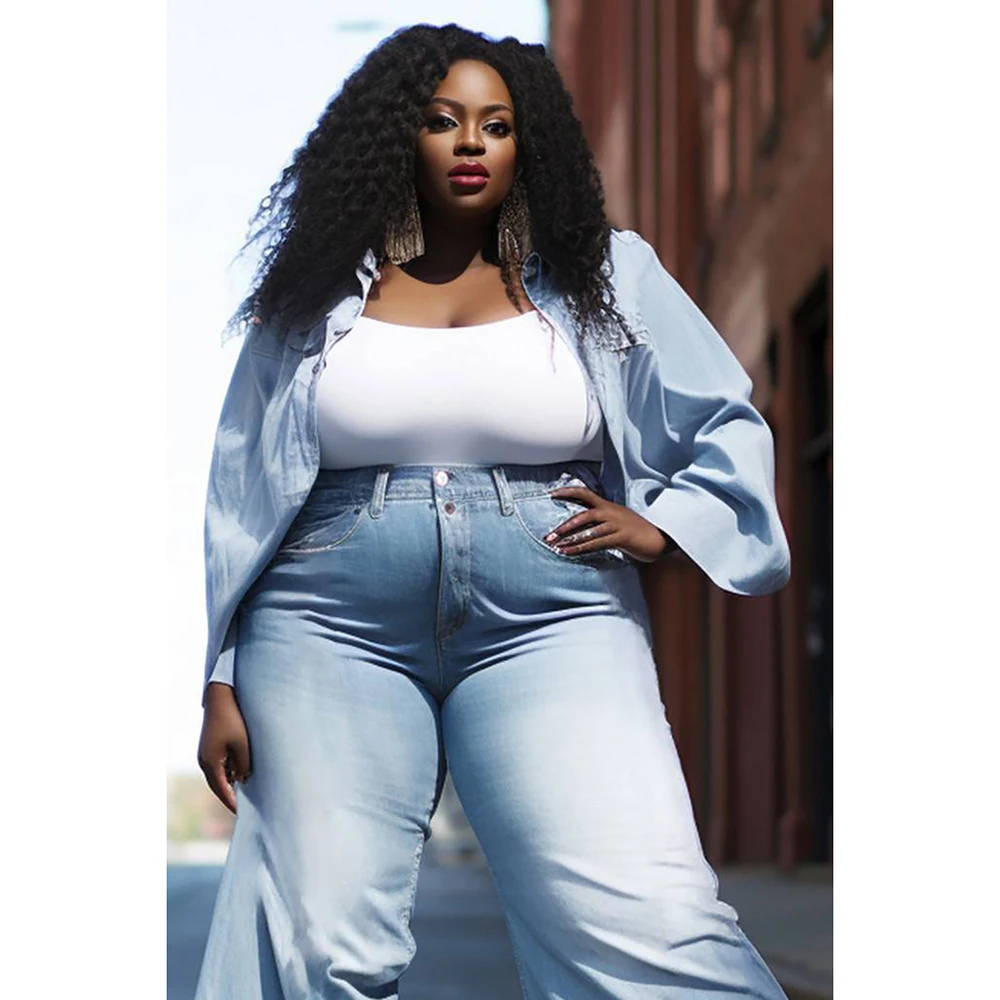 Plus size women\'s denim suit light blue spring and summer shirt collar long sleeve denim fashion tops and bottoms two-piece suit