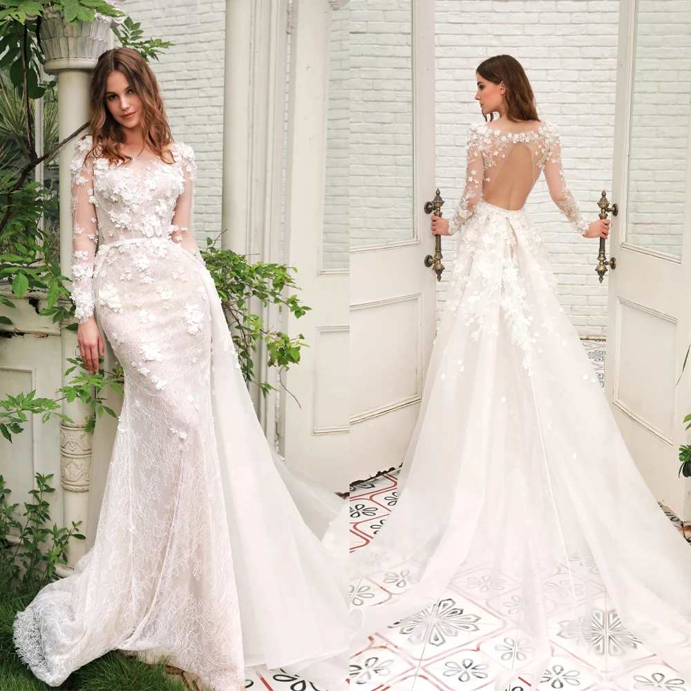 Romantic Illusion Neckline Long Sleeve 3D Floral Lace Mermaid Wedding Dress with Open Back and Detachable Custom Made D261646