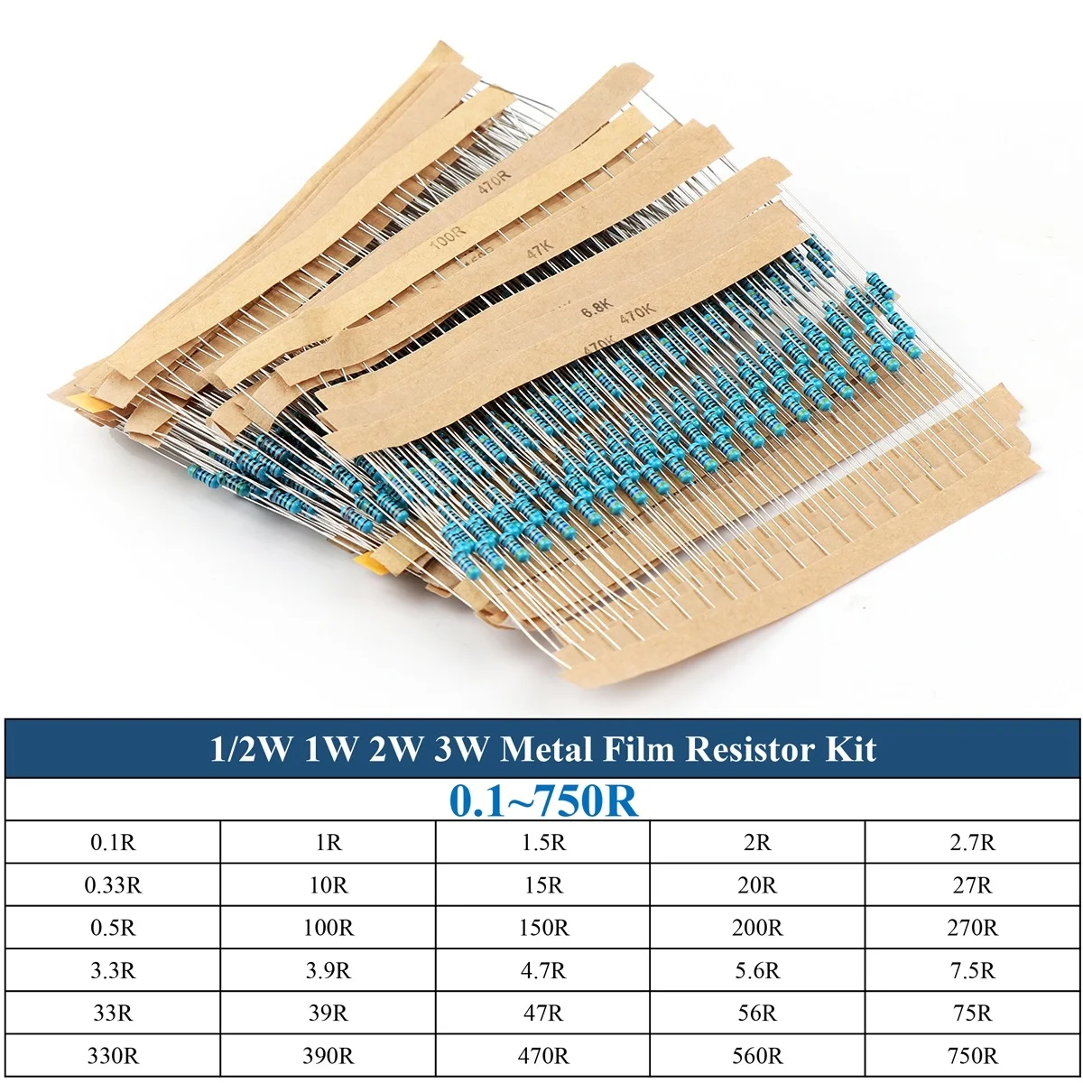 150/300/600Pcs Metal Film Resistor Kit 1/2W(0.5W) 1/4W(0.25W) 1W 2W 3W 30Value Color Ring Assortment Kit 5% 0.1~750R 1K~820K