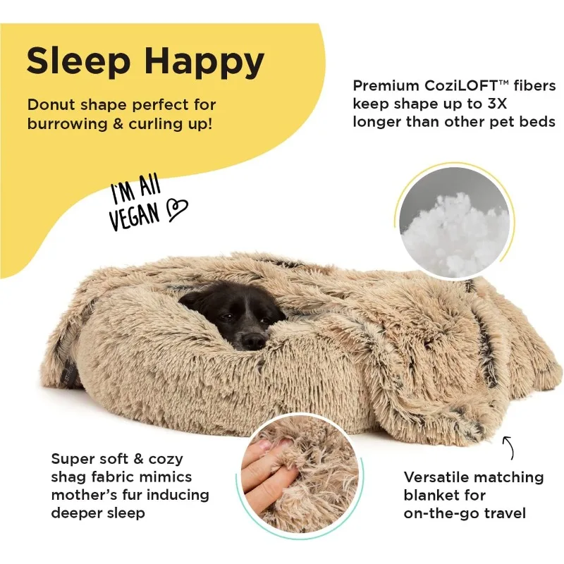 Bundle Set The Original Calming Shag Donut Cuddler Cat and Dog Bed + Pet Throw Blanket Taupe Extra Medium 30