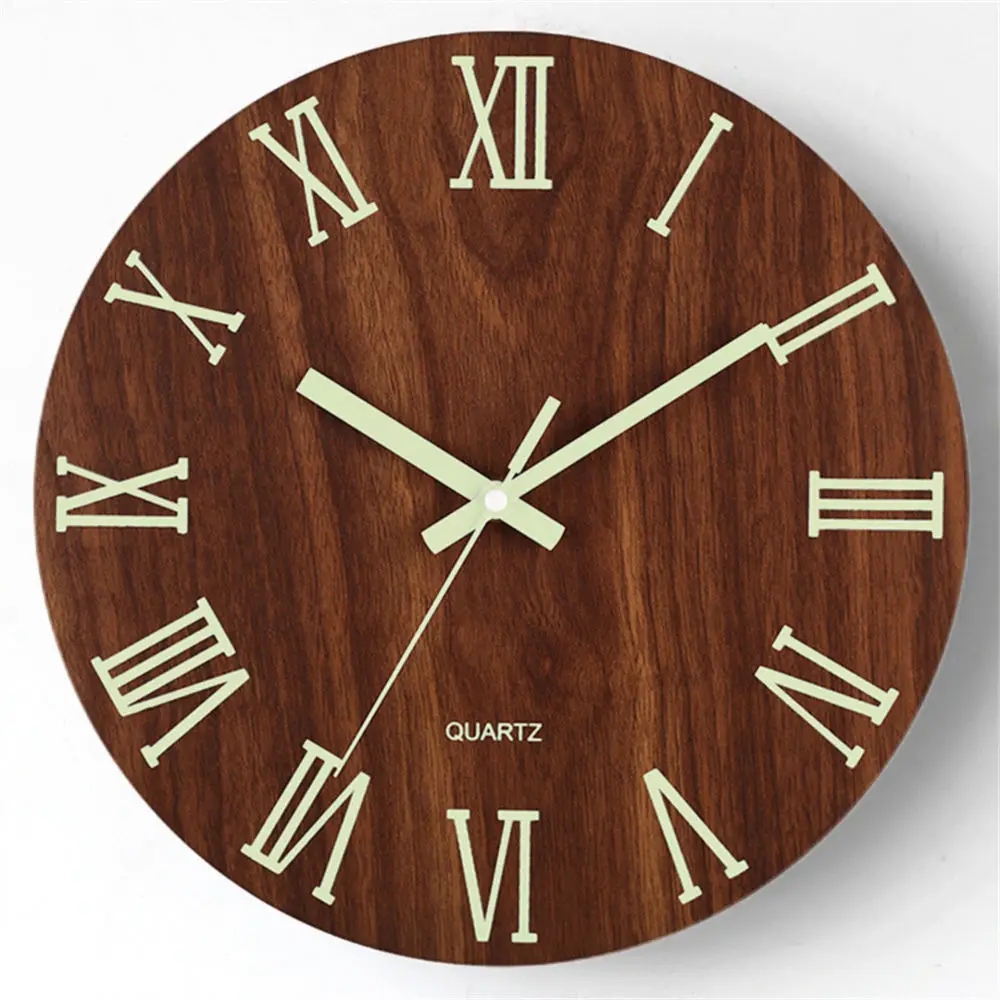 Silent Glow Wall Clock 12 Inch Wood Decorative Analog Timepiece Night Vision Luminous Numbers Modern Bedroom Kitchen