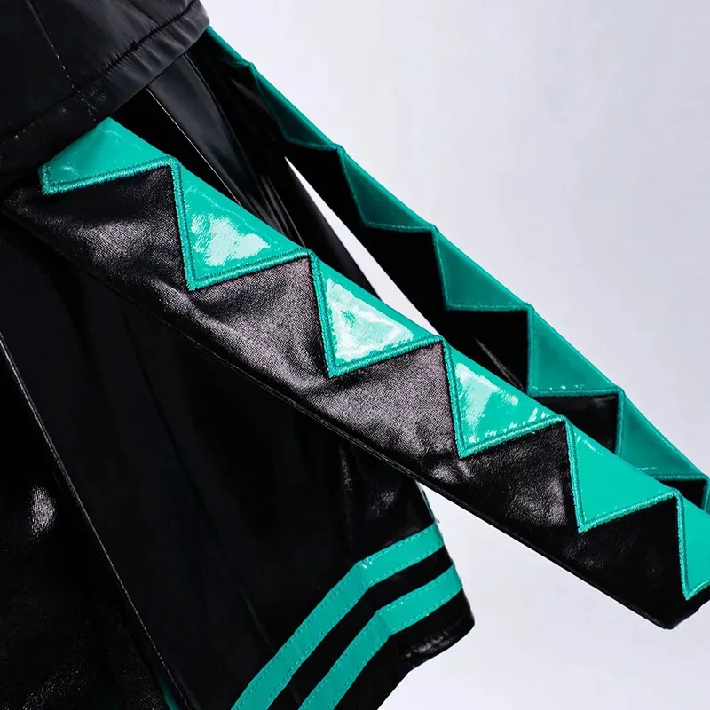 Black Green Leather Miku Cosplay Costume Wig Patent Leather Latex Women Girl Uniform Dress Anime Halloween Carnival Party Outfit