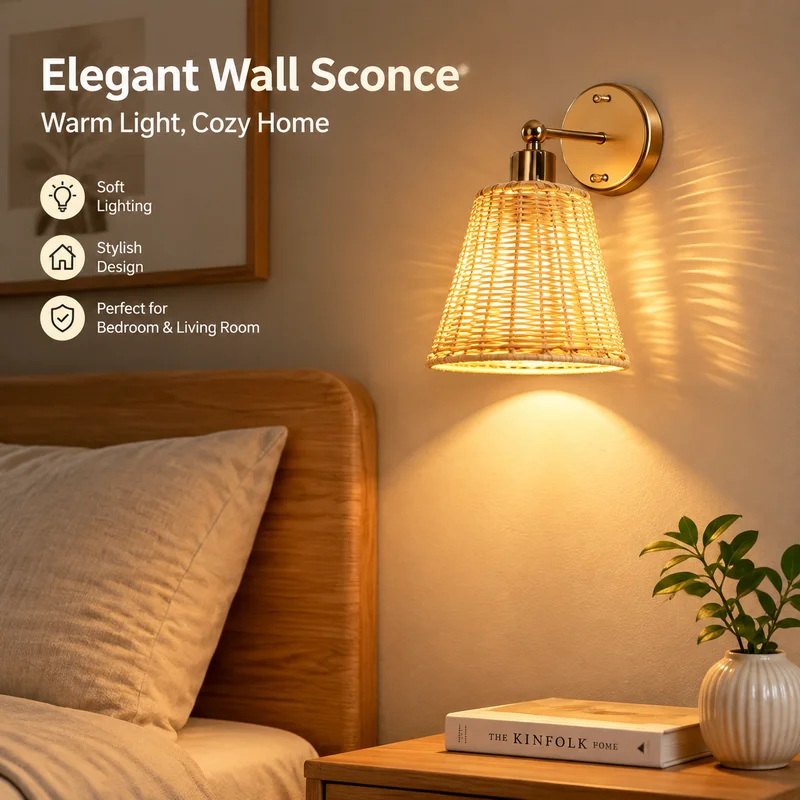 Rattan Wall Sconce USB Charging Cordless Remote Dimming 360 Degree Rotating Bedside Light for Bedroom Hotel Ambience Decor Lamp