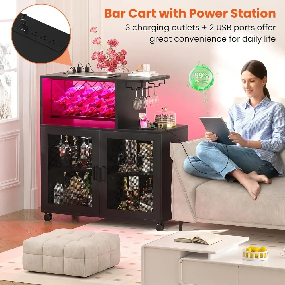 Cabinet Wine Bar com Rodas, Pequeno armário de bebidas com luz LED, Home Bar Cart com Power Outlets, Coffee Bar Cabinet