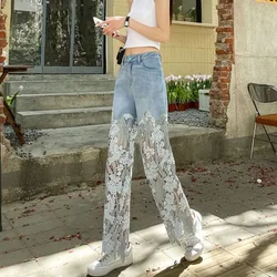 Blue High Waist Shot Pants for Women Splicing Straight Leg Womens Jeans Summer Trousers 2024 Quality Grunge Y2k Good Shiny A 90s