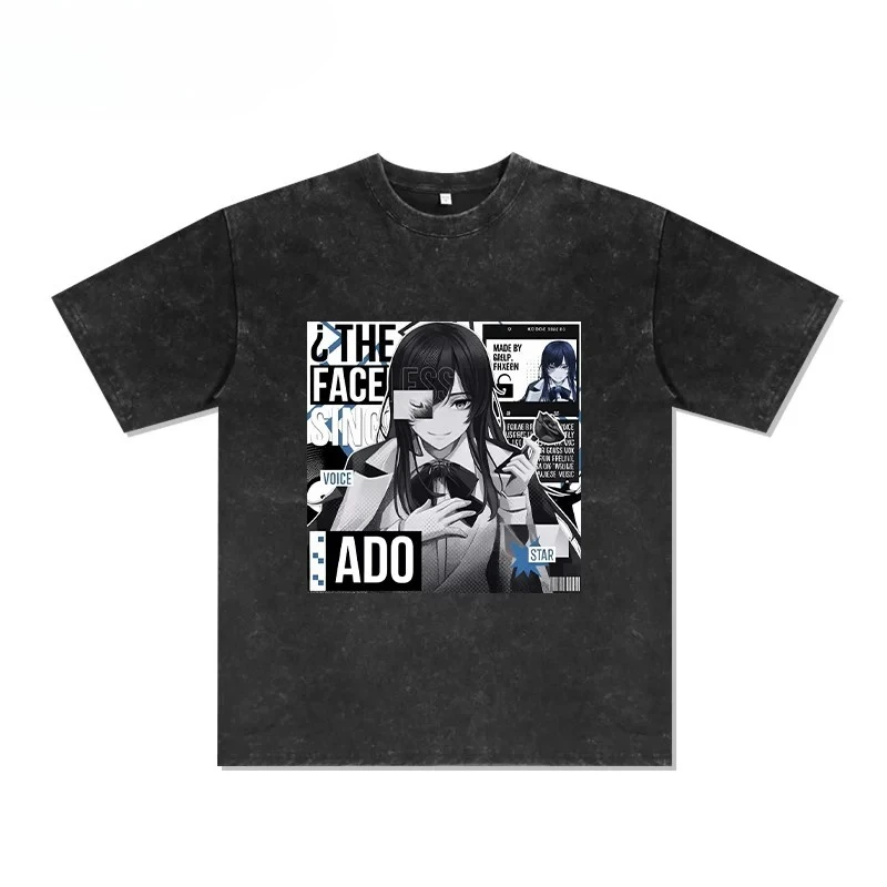 Japan Singer Ado Graphic T-Shrit Men's Vintage Washed Oversized Short Sleeve T Shirt Y2k Hip Hop Streetwear