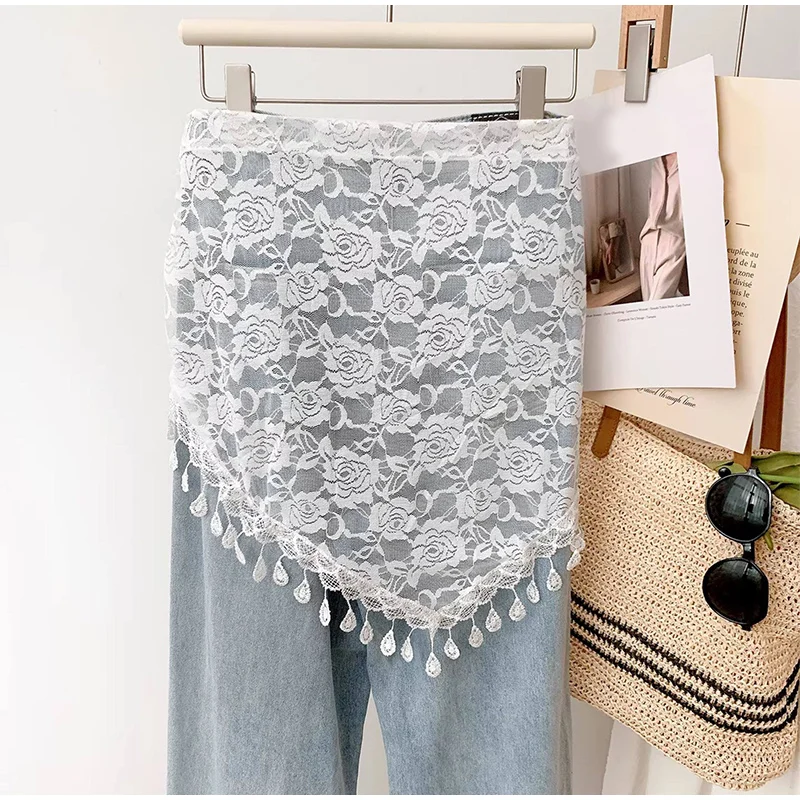 Women Lace Waist Scarf Floral Sheer Mesh Boho Bandana Hip Scarf Y2k Boho Coquette Floral Sheer Lace Waist Belt Tassel Scarf