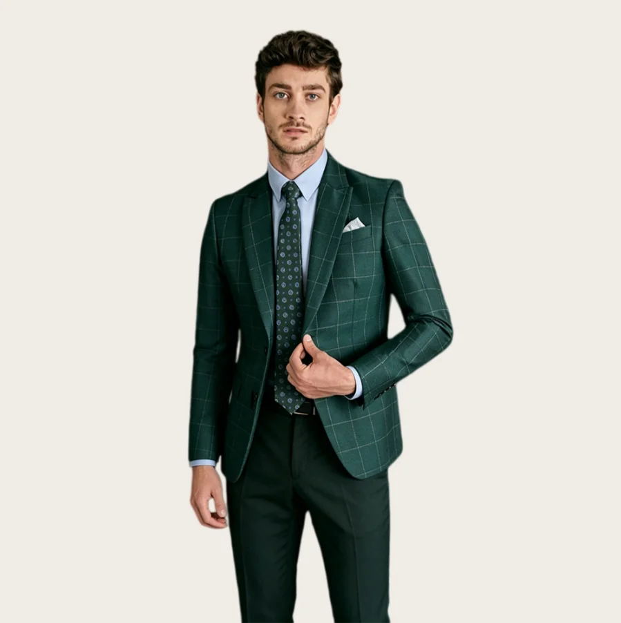 

Dark Green Plaid Men Suits 2Pcs Peaked Lapel Single Breasted Formal Slim Blazer for Man Office Business Jacket+Pants Customized