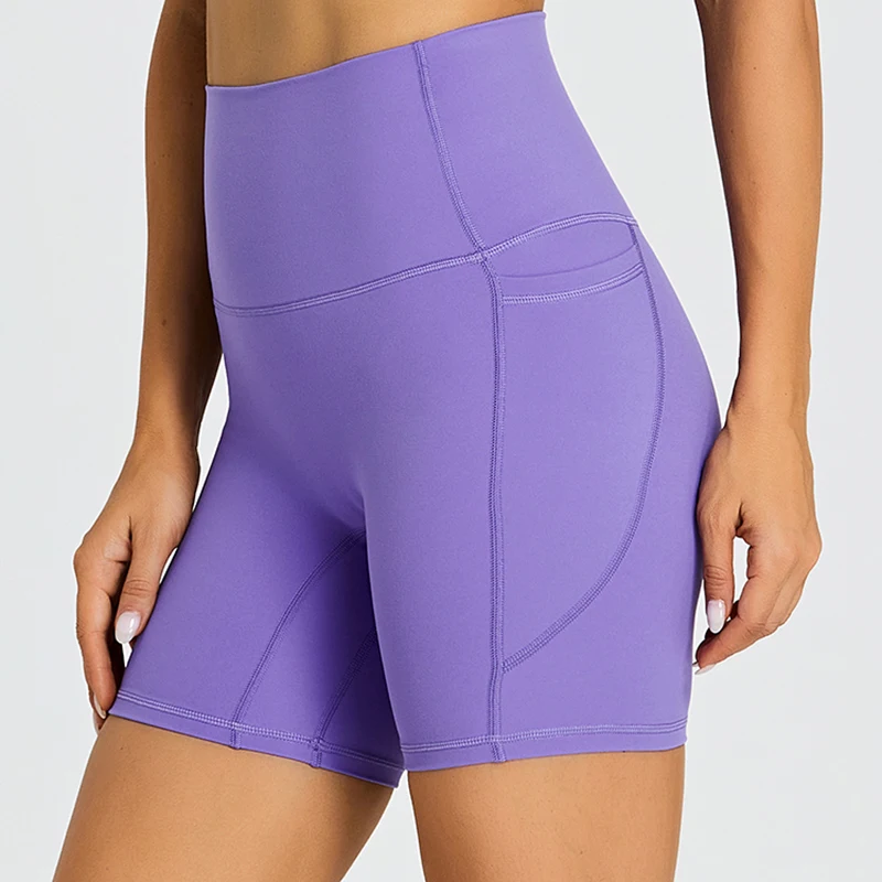 No Front Seam High Waist Yoga Shorts Women Tummy Control Fitness Athletic Workout Running Shorts with Side Pockets