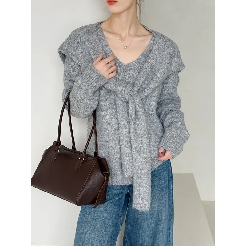 2025, Frühherbst, neues Design, entspannter und rückenfreier Wolloberteil, hochwertiger Strickpullover + Schal