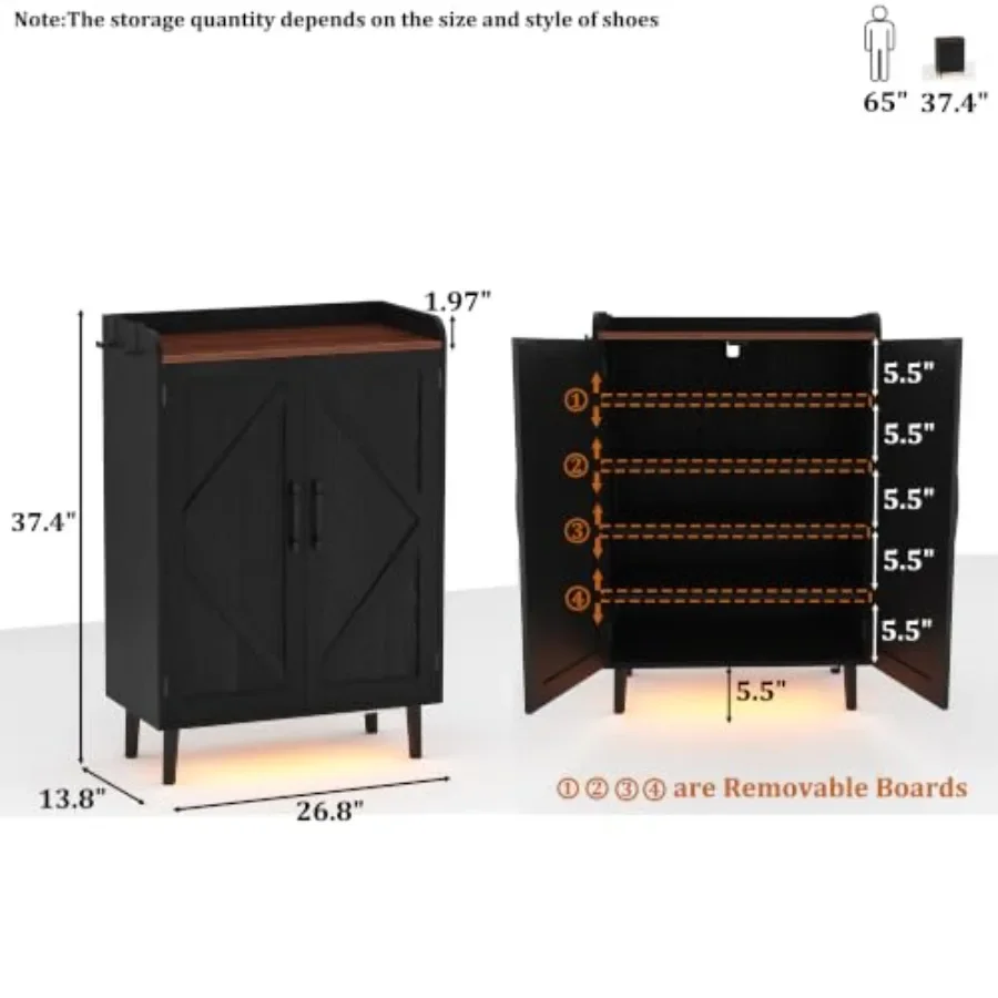 Farmhouse shoe storage cabinet for entryway use, made of engineered wood in black brown, features built-in LED light and adjust