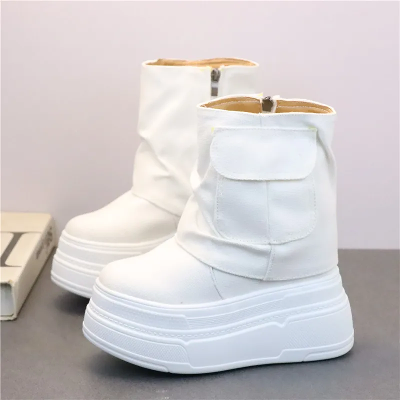 حذاء قماش أبيض عالي القطع للنساء بكعب مخفي 12 سم، حذاء قصير كاجوال للطلاب بتصميم عصري