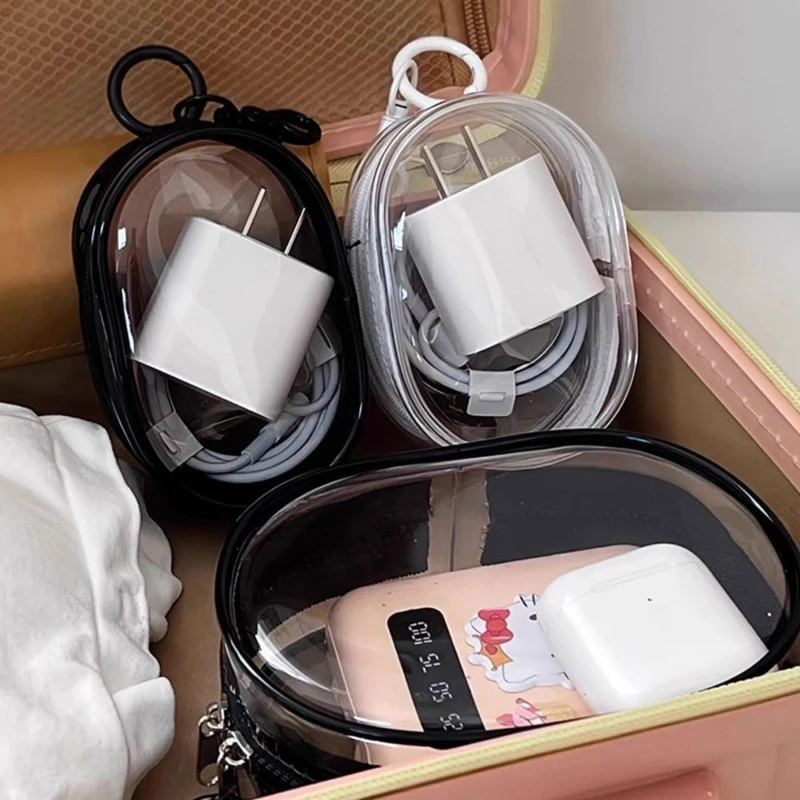 New Round Black PVC Transparent Cosmetic Bags Jewelry Organizer Portable Data Cable Earphone Coin Charger Storage Pouches