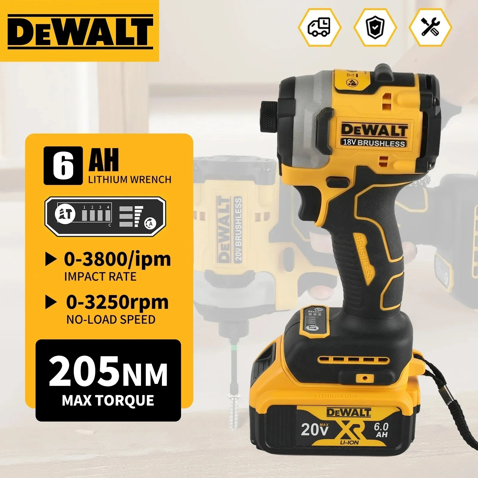 

Бесщеточный ударный гайковерт DeWALT DCF850, 3250 об/мин, беспроводной, интеллектуальный, 205 Н·м, с высоким крутящим моментом, электроинструмент