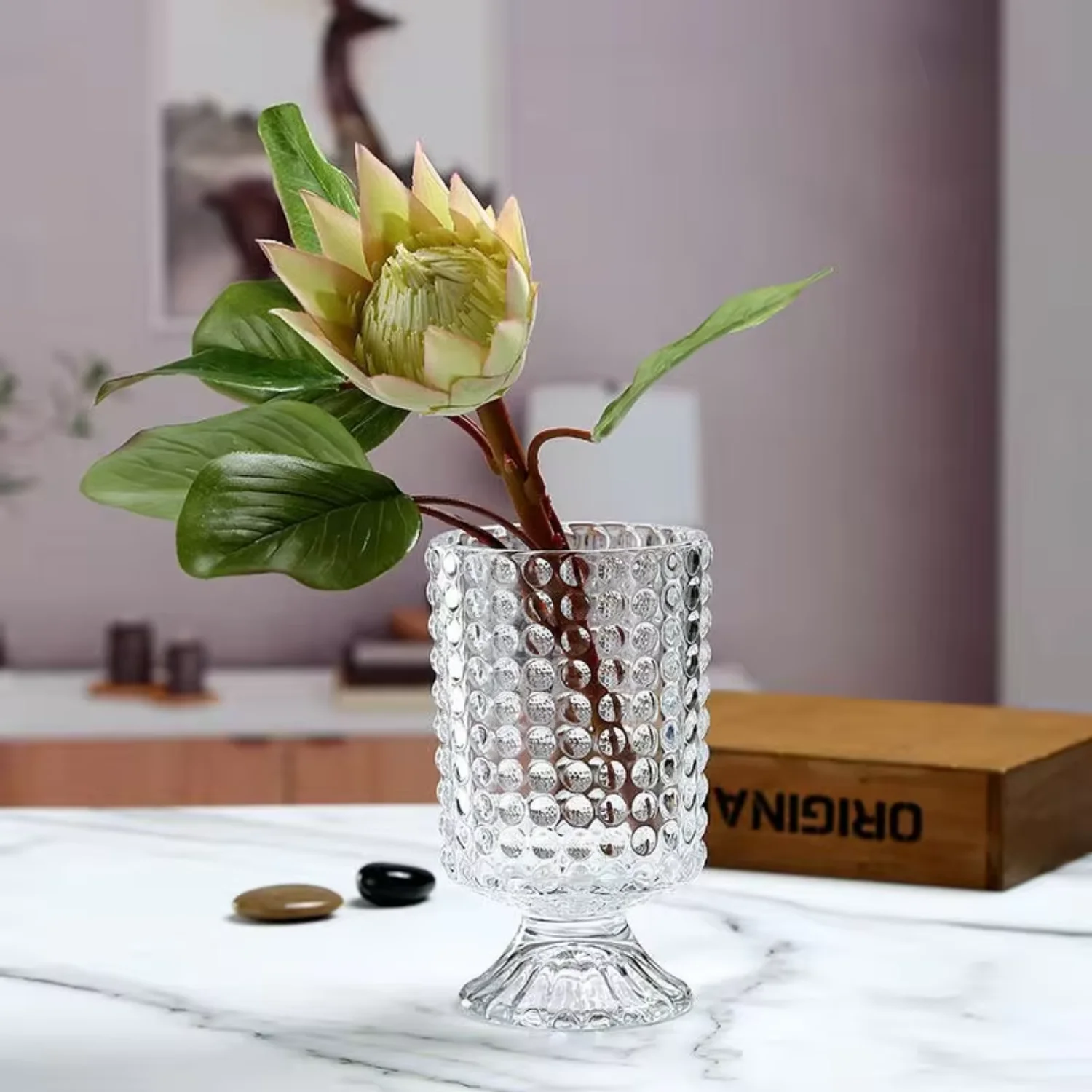 Factory-Sold Large Clear Colored Blown Crystal Glass Vase  Deco Wedding Tabletop Centerpiece Wooden Flower Vase Wedding Table
