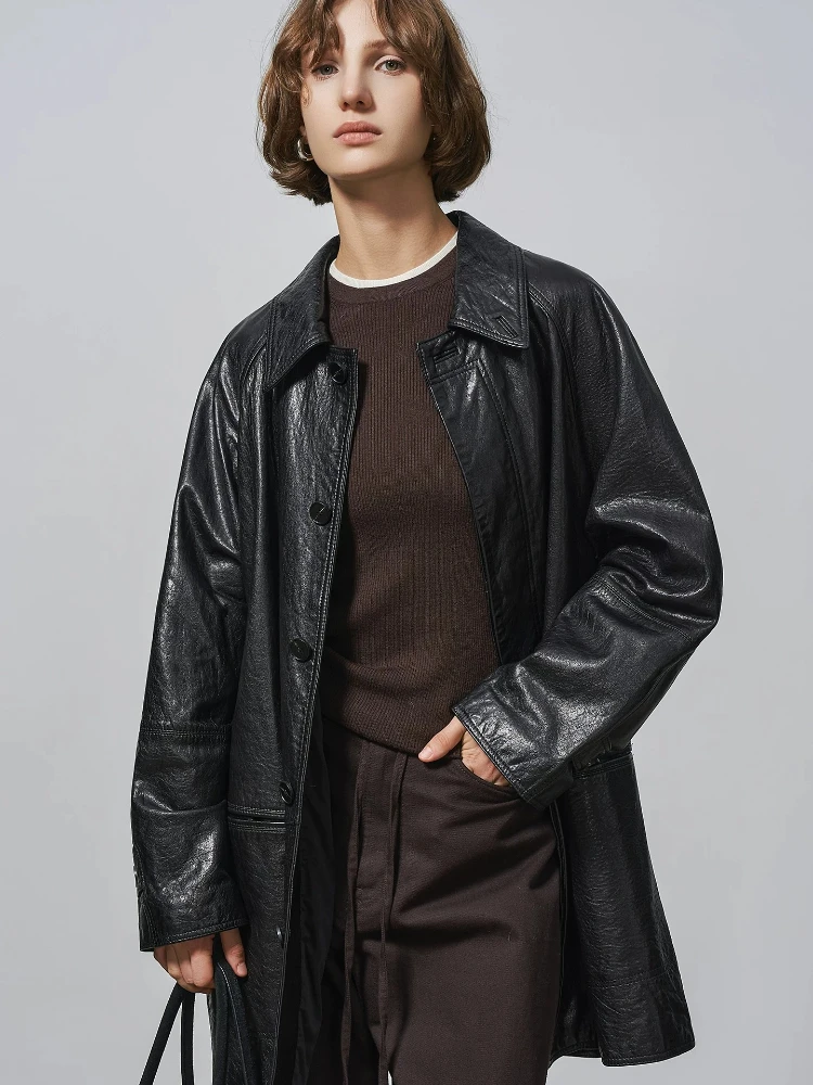 

Vintage High-end Leather Windbreaker Coat Loose Mid-length Women's Genuine Leather Top-grain Cowhide Jacket Cool Leather Coat