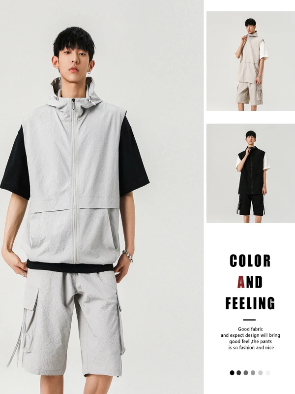 

Men's Pure Color Hooded Vest Summer Thin Casual Pants orts Trendy Design Loose Two-Piece Set Polyester Fiber ort Sve