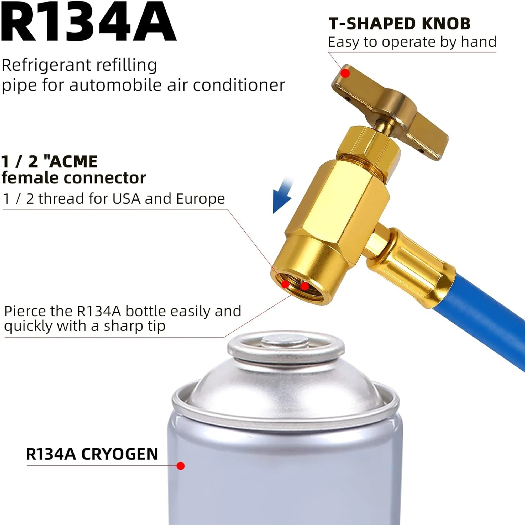 R134a Car Air Conditioning Refrigerant Quick Refill Kit, with 1/2 Inch Bottle Cap Opener - Aluminum, Car Maintenance Tool