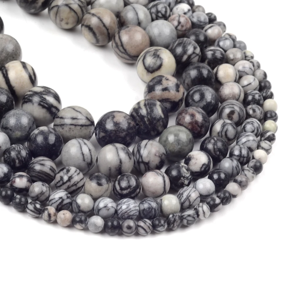 Natursteinperlen, 4–12 mm, schwarzer Web-Jaspis, runde lose Distanzperlen für Schmuckherstellung, DIY-Armbänder, Ohrring-Zubehör