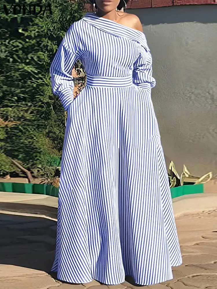 

VONDA Women Off Shoulder Striped Dress 2024 Elegant Bohemian Maxi Sundress Casual Loose Long Sleeve Party Vestidos Robe Femme