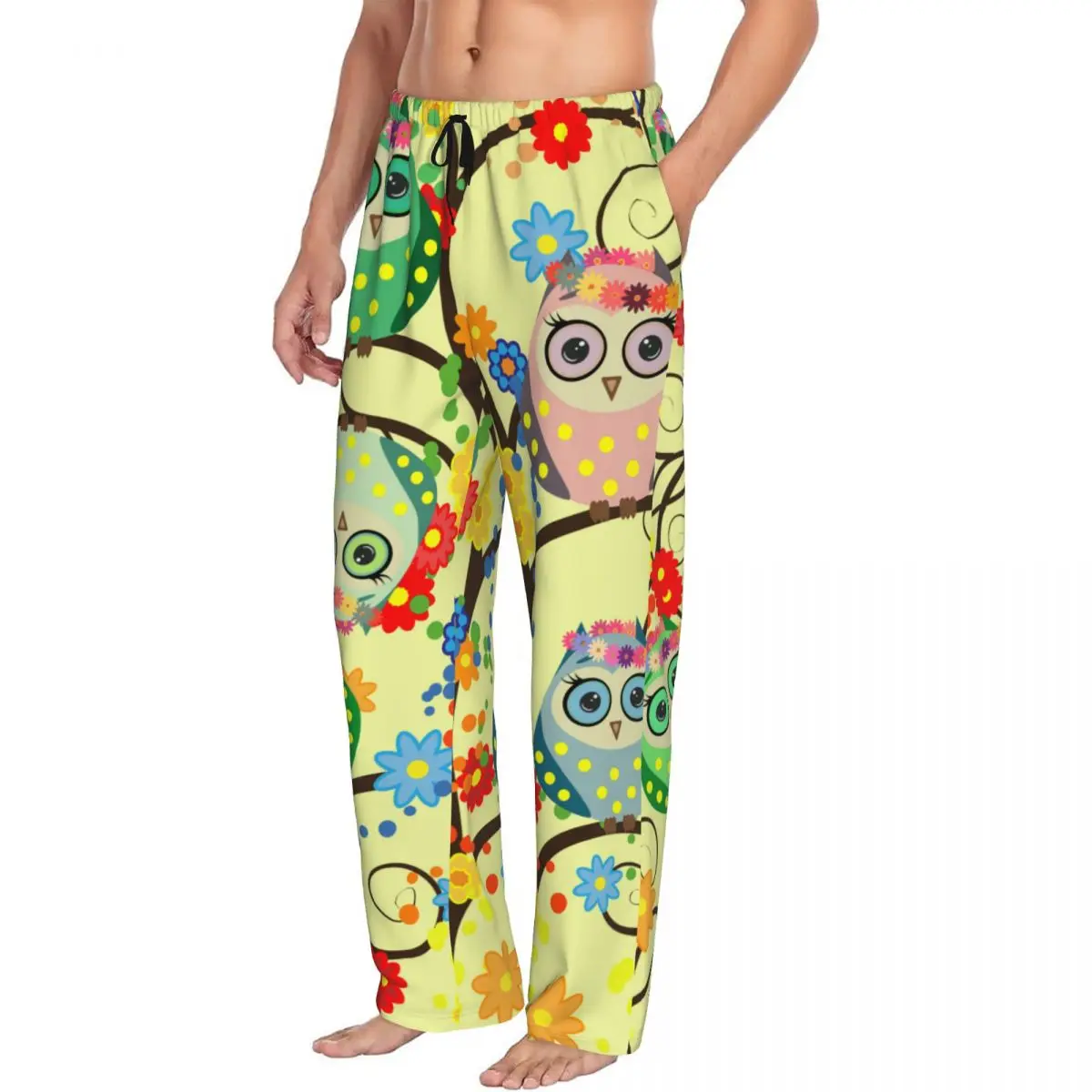 Custom Printed Men's Pajama Pants Owls Flowering Branches Trees Sleepwear Sleep Lounge Bottoms with Pockets