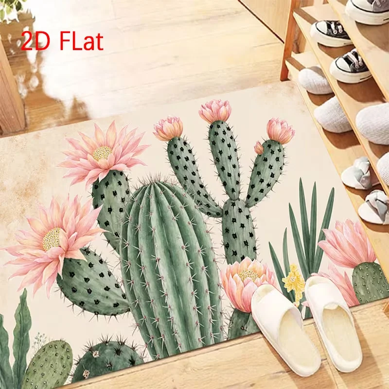 Watercolor Blooming Cactus Floral Door Mat Soft Non Slip Floor Rug Succulent Flower Print Entrance Carpet For Entryway Kitchen