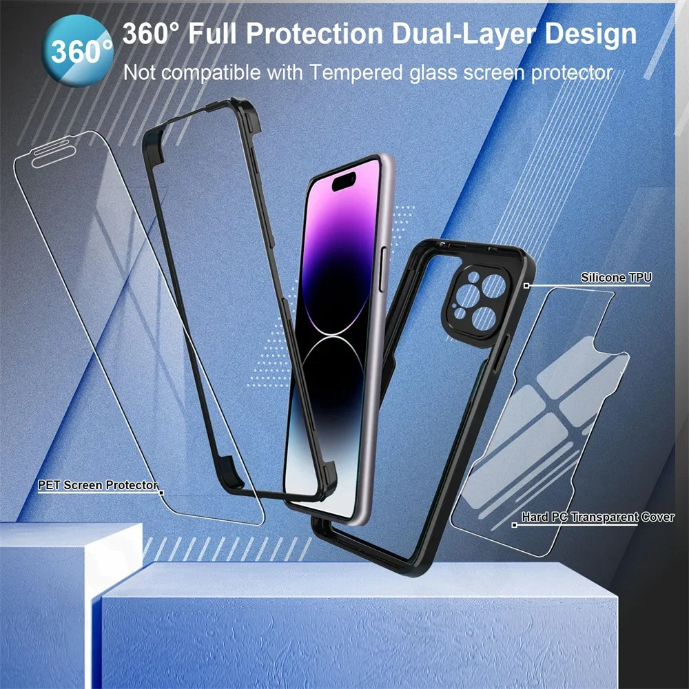 Case For iPhone 16 15 14 13 12 11 Pro Max Plus XS Max XR 8 7 Plus 360 Full Shockproof Silicone Screen Protection Phone Cover