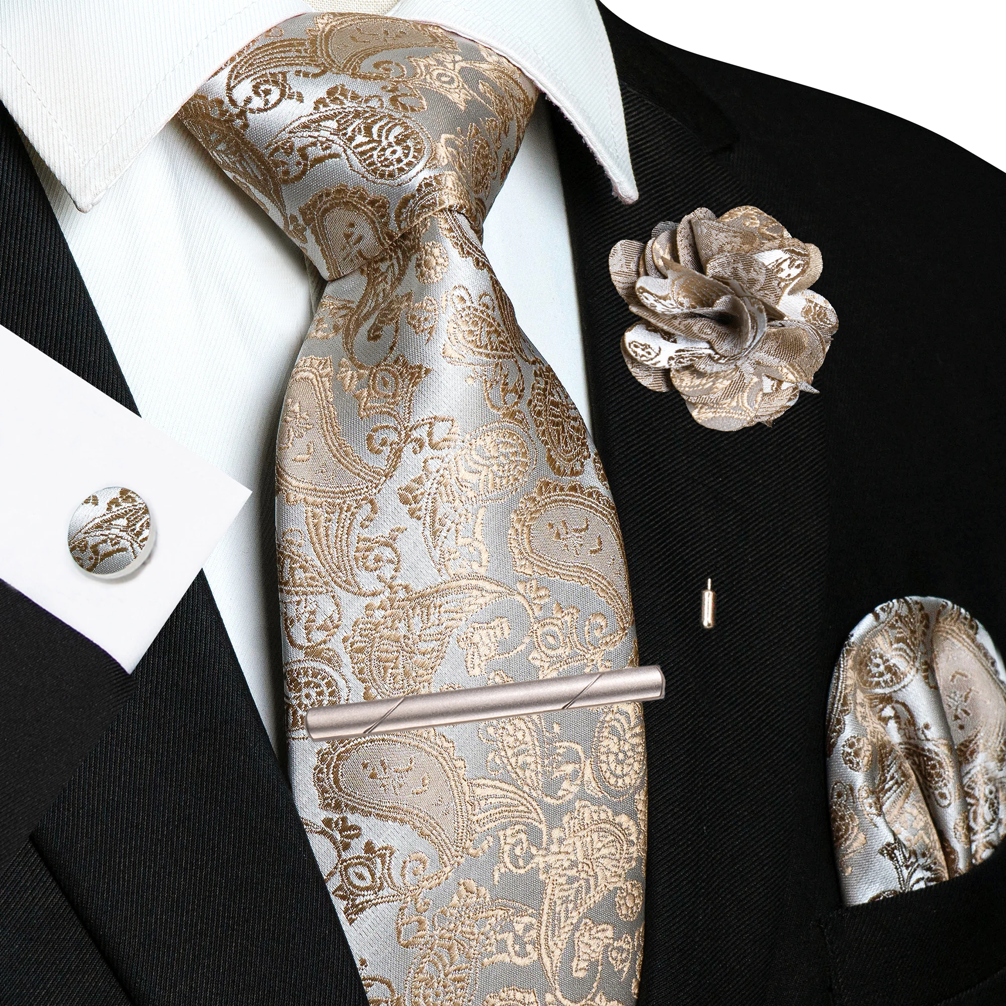 Champagnerfarbene Seidenkrawatte mit Blumen-Paisley-Muster für Herren, Bräutigam, Hochzeit, Herrenkrawatte, Einstecktuch, Manschettenknöpfe, Brosche, Krawattenklammer, Accessoire – Detail 11