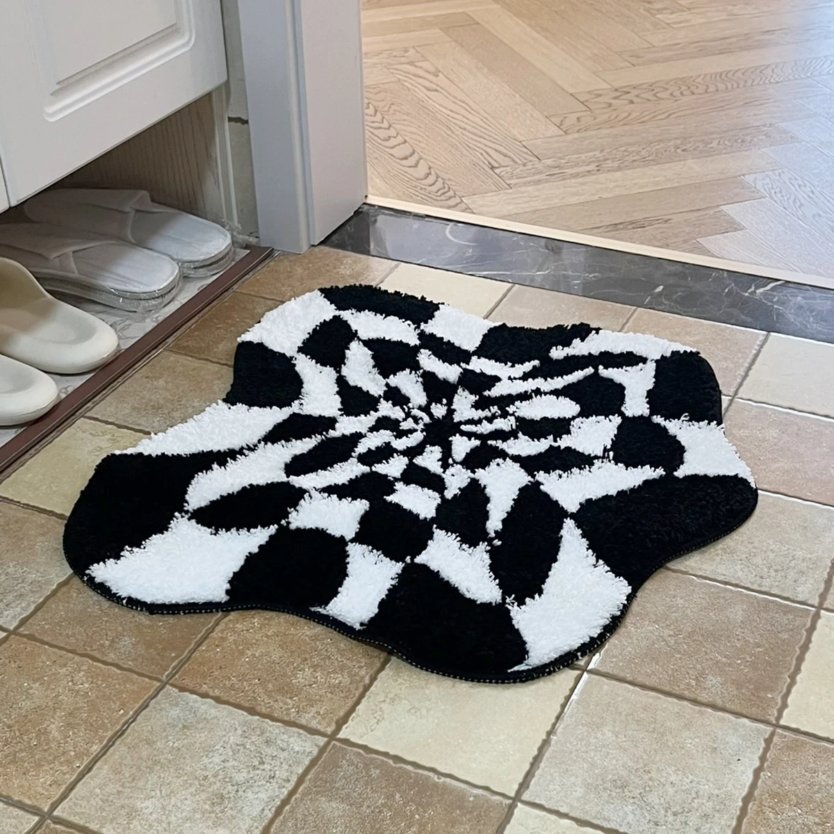 Abstract 3D Illusion Checkered Cloud Shape Tufted Rug - Handmade Modern Black and White Design - Fluid Art Porch Carpet