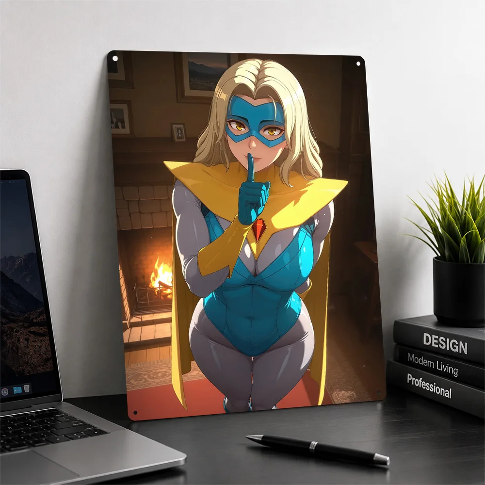 Blonde Superheroine Shushing in Costume Metal Poster Perfect Gift for Fans Lovers Personalized Wall Art Metal Sign for Wand Deko