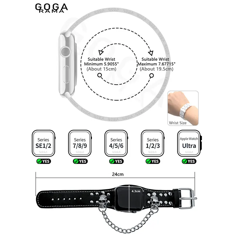 Bracciale con teschio alla moda compatibile con cinturini per Apple Watch 49mm 45mm 44mm 42mm 41mm 40mm 38mm cinturino Steampunk con catena punk