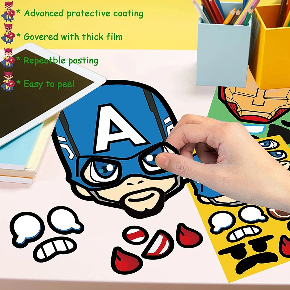 6/12Sheets Disney Marvel The Avengers Super Hero Puzzle Stickers Make A Face Assemble Jigsaw Kids Education Toy Sticker Games