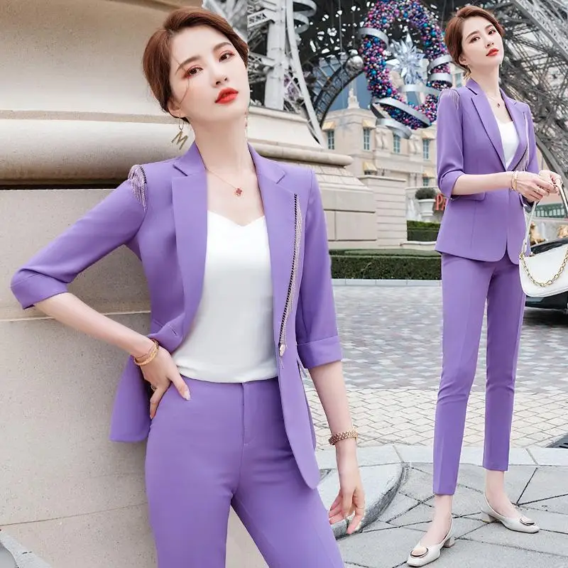 Autumn Tassel Decorative Jacket Blazer Pencil Pants Two-piece Set Elegant Women's Pants Suit Business Casual Suit Office Outfits