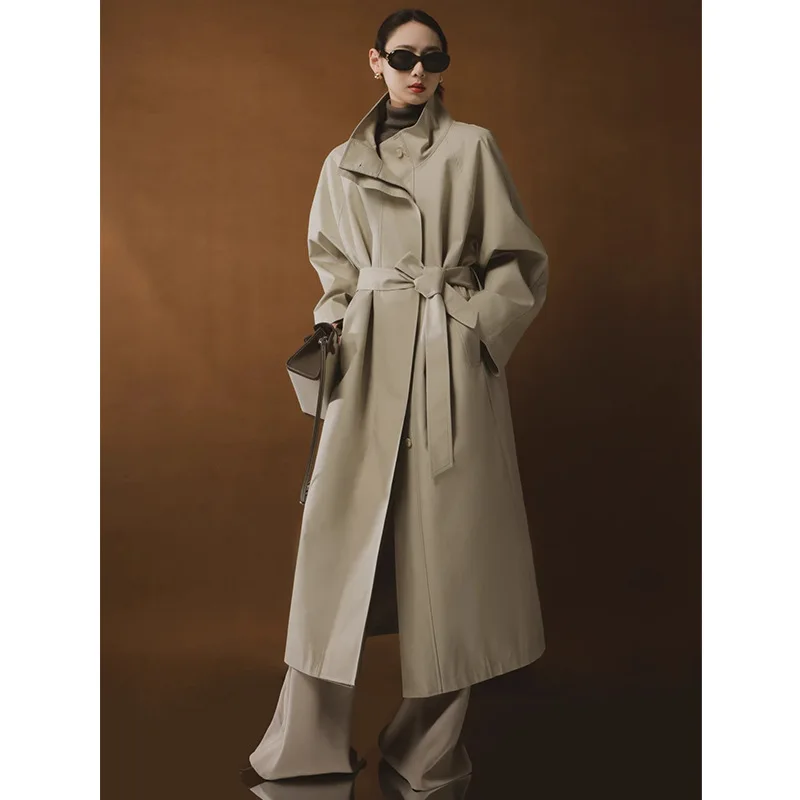 

Роскошный бренд, высококачественный длинный плащ, женский минималистичный воротник-стойка, весенне-осенняя ветровка, тонкая куртка с поясом большого размера