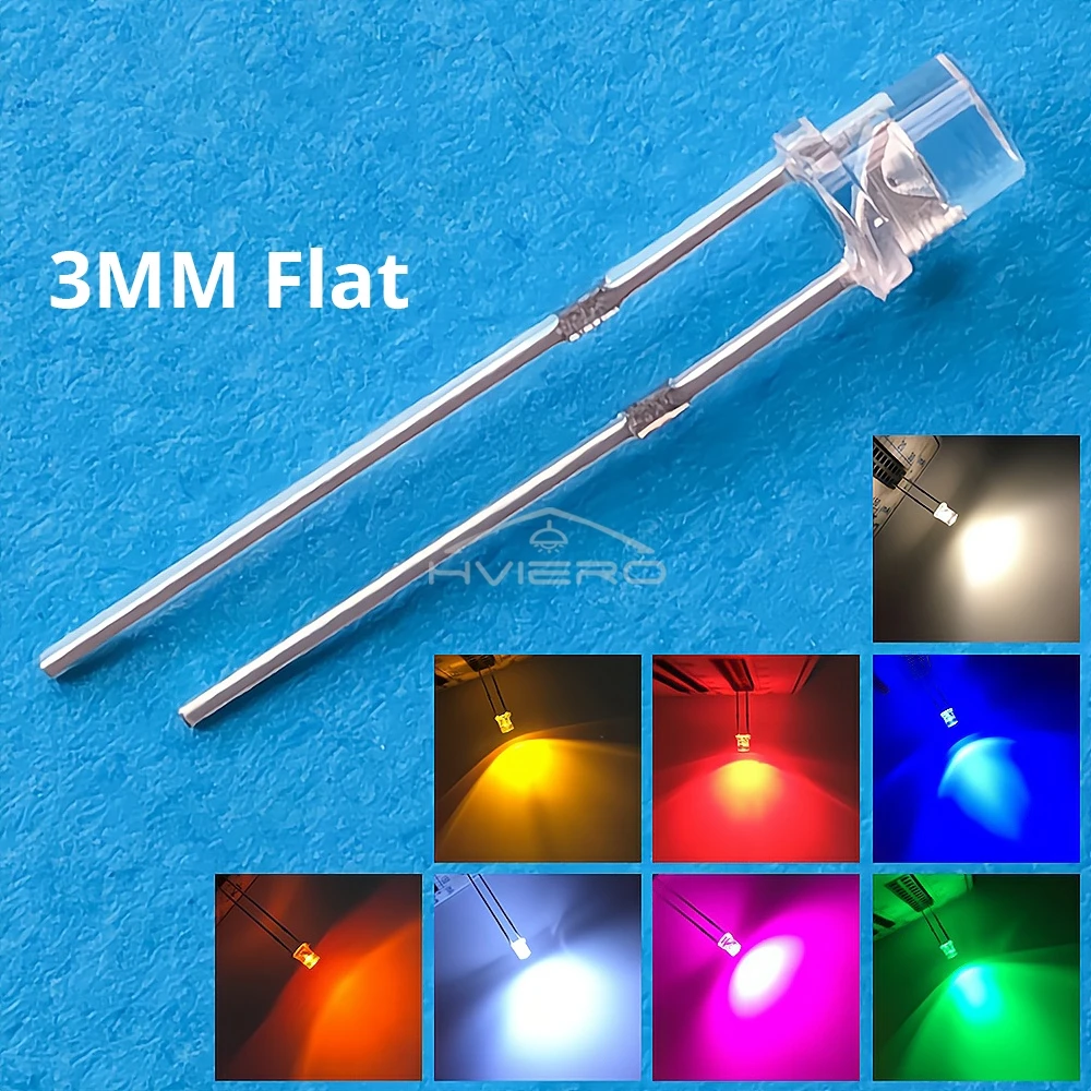 10/20PCS F3 3mm Ultra Bright Flat Top Head White Red Blue Orange UV Pink Diode Bulbs Wide Angle Light Emitting Lamps Diodes Led