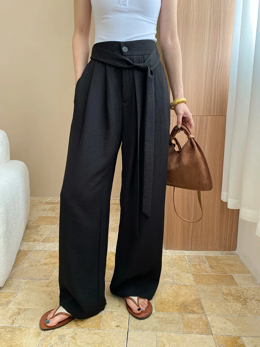 

Spring and summer women's casual solid color high waist loose wide leg pants