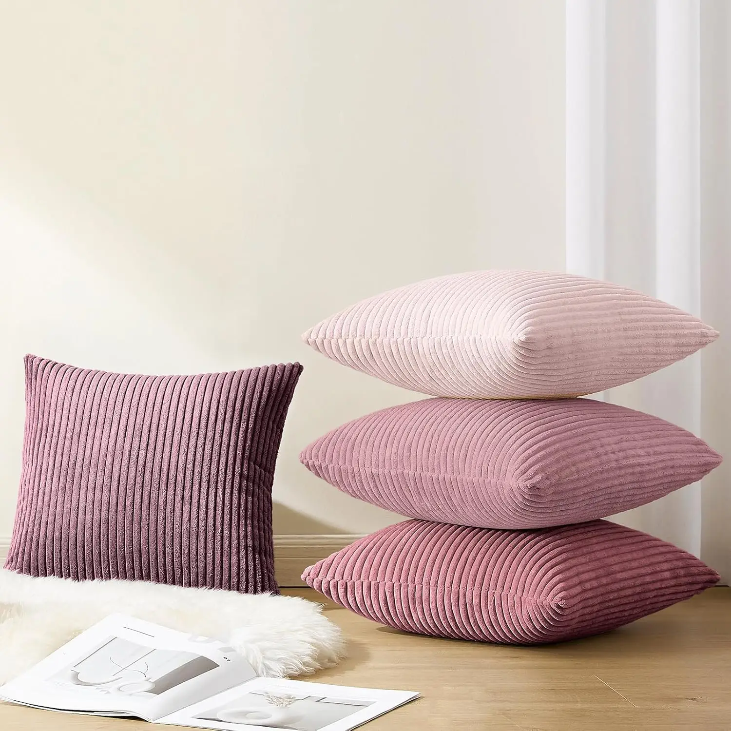 Fliederrosa, weicher Cord-Kissenbezug, einfarbig, gestreift, modernes Dekor, Geschenk, Kissenbezüge für Couch, Sofa, Schlafzimmer, Wohnzimmer – Detail 4
