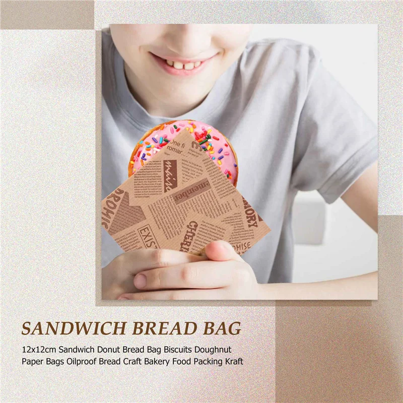 

AB46-100Pcs 12X12cm Sandwich Donut Bread Bag Biscuits Doughnut Paper Bags Oilproof Bread Craft Bakery Food Packing Kraft